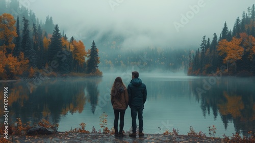 Two Hikers Admiring Mountain Lake © olegganko