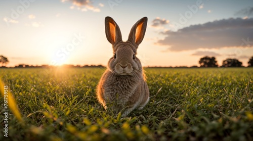 A bunny peers through a sunlit field at twilight's embrace  © Fred