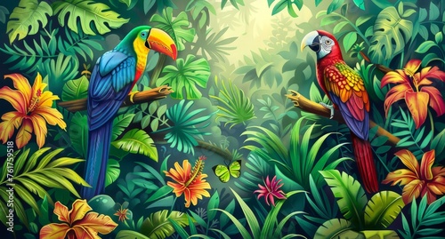 Two colorful parrots perched on a tree branch, showcasing their vibrant feathers and expressive poses.