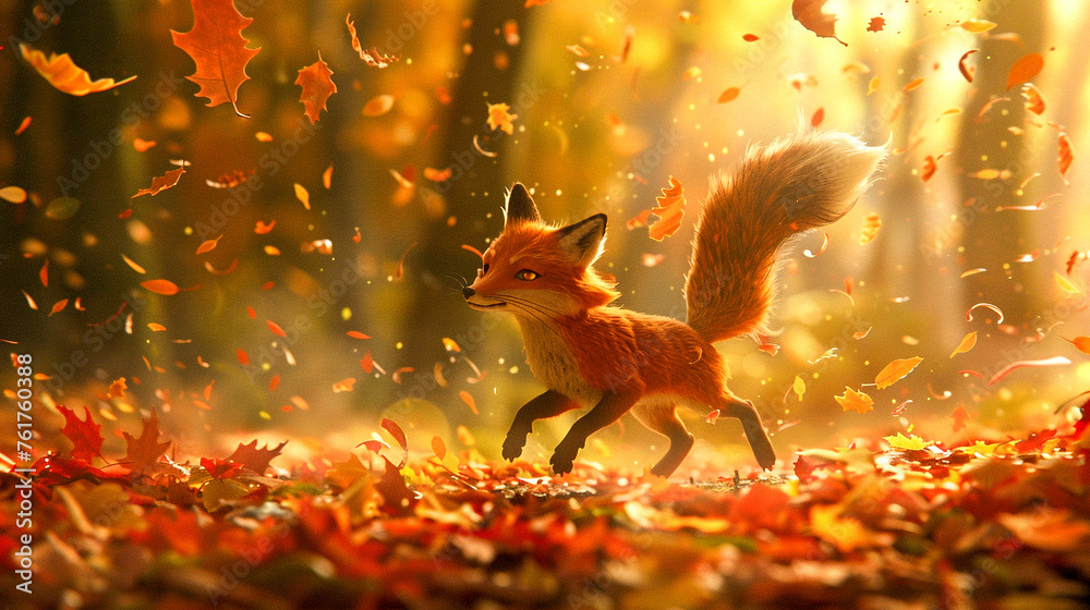 Lighthearted fox frolicking in an autumnal forest leaves swirling around captured in golden morning light Lighthearted fox frolicking in an autumnal forest leaves swirling around captured in golden morning light
