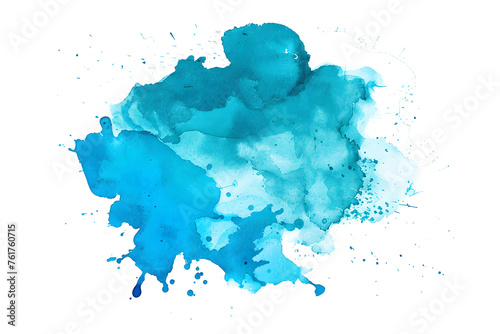 Turquoise and blue watercolor spreading spill on white background.