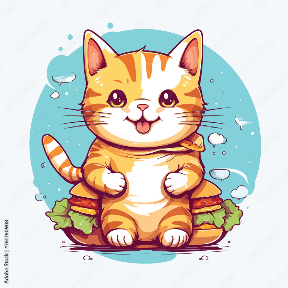 Cute cat ready to eat burger illustration. Vector 