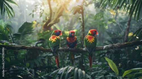 Colorful Birds Relaxing on Rainforest Branch