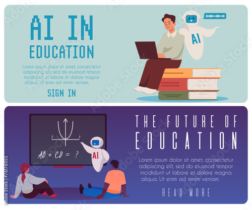 Artificial intelligence in digital learning, flat banner set.