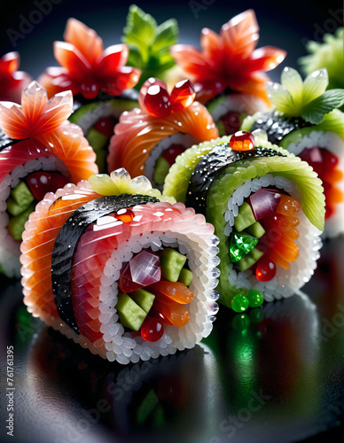 Salmon roll decorated with jewel-like fish roe