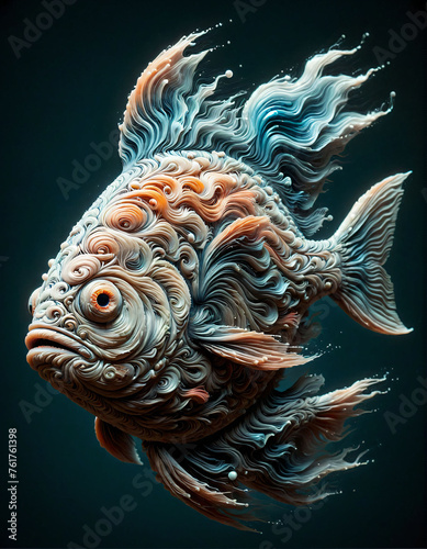 Spiral-patterned fish swims alone.