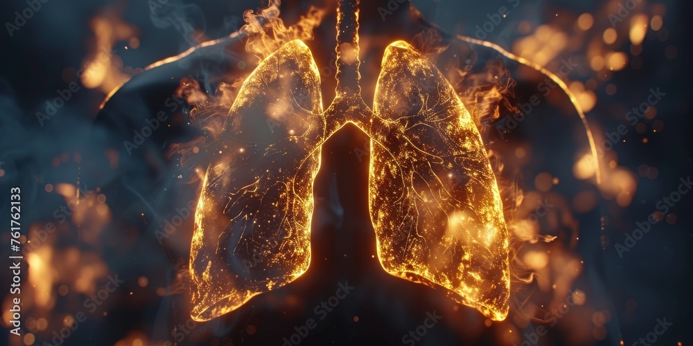 Ethereal 3D rendered lungs with golden particles, depicting a fusion of human anatomy and magical elements. - obrazy, fototapety, plakaty 