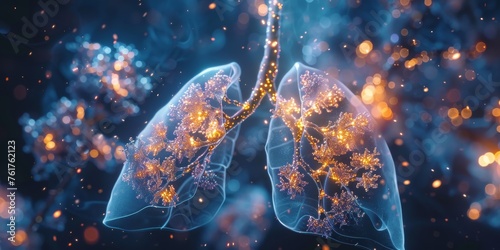 Ethereal 3D rendered lungs with golden particles, depicting a fusion of human anatomy and magical elements. #761762123
