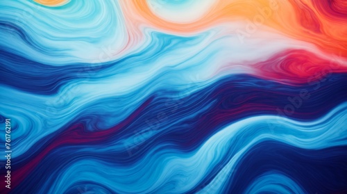Bright blue and red swirls merge in a flowing abstract design 