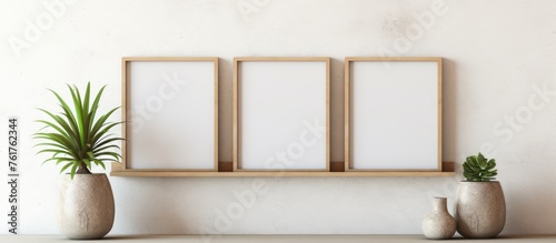Empty picture frames on wooden shelf against cement wall with plant decoration. Suitable for interior design product display. Clipping path included. © Vusal