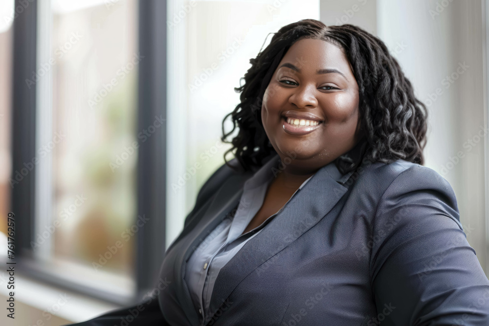 Portrait of A Smiling Chubby Black Businesswoman In Her Office. Full-Figured Black Businesswoman. Chubby Black CEO And Entrepreneur Woman