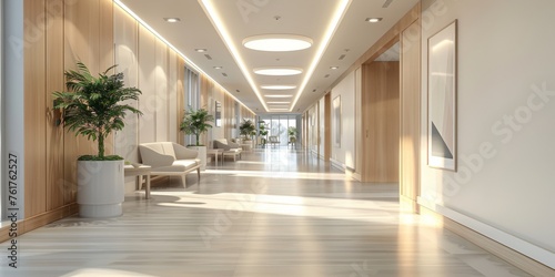 Sunlit Modern Hospital Corridor With Benches