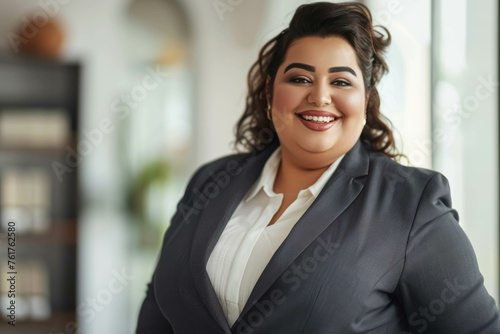 Portrait of A Smiling Chubby Arab Businesswoman In Her Office. Full-Figured Arab Businesswoman. Chubby Arab CEO And Entrepreneur Woman