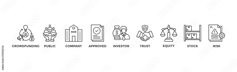 IPO banner web icon vector illustration concept of initial public offering with icon of crowdfunding, public company, approved, investor, trust, equity, stock and risk IPO banner web icon vector illustration concept of initial public offering with icon of crowdfunding, public company, approved, investor, trust, equity, stock and risk
