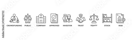 IPO banner web icon vector illustration concept of initial public offering with icon of crowdfunding, public company, approved, investor, trust, equity, stock and risk	