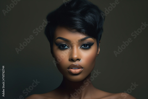 Elegant portrait of a woman with striking makeup and hairstyle