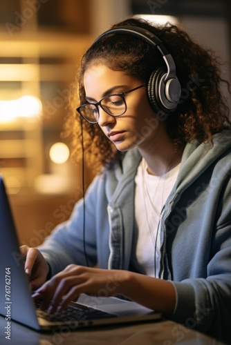  woman at laptop with headphones Generative AI