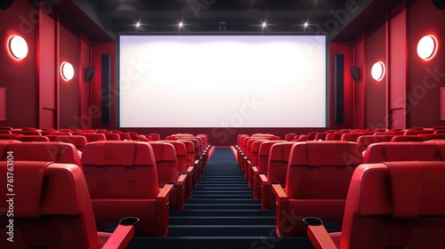 Empty cinema interior with red seats and white screen