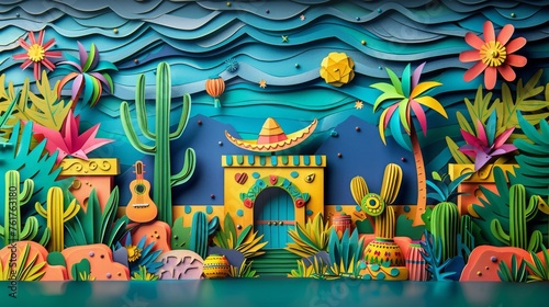 Paper festive background of a Mexican holiday Cinco de Mayo, Mexican May party. Concept of Cinco de Mayo party with sombrero hat, maracas, guitar. Generative ai