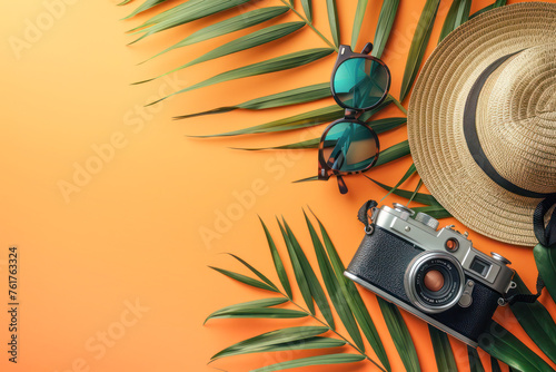 Summer Travel Essentials. A vibrant flat lay of summer travel accessories, including sunglasses, a straw hat, and a vintage camera, arranged on a bright orange background with tropical palm leaves.