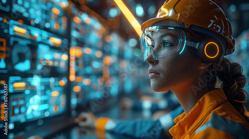 Woman at high-tech power facility / manufacturing facility monitoring systems 