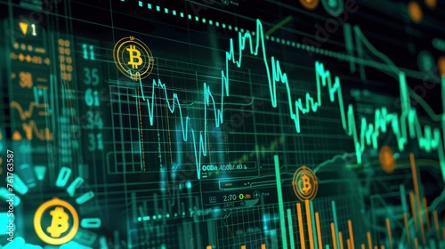 Bitcoin virtual money. Cryptocurrency stock market graph on virtual screen