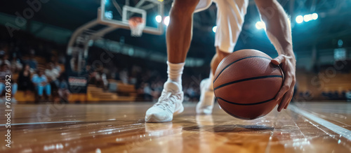 Basketball player is holding basketball ball on a court, close up photo