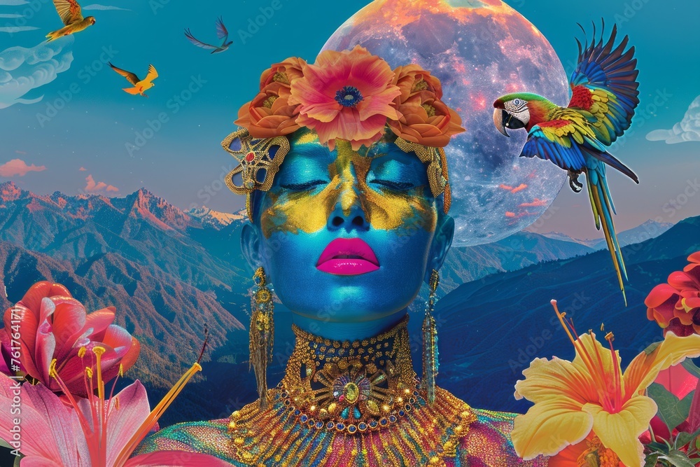 A surreal composition featuring a flamboyant parrot perched on colorful fantasy jewelry with a giant moon and mountains in the background - obrazy, fototapety, plakaty 