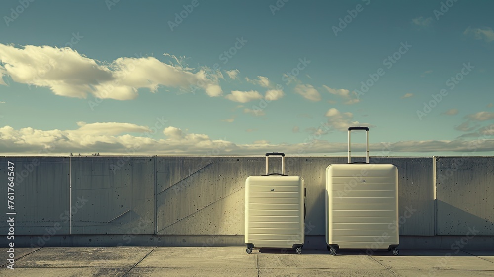 two luggage pieces at an airport, styled with a smooth and shiny finish, set against a landscape-focused backdrop, symbolizing the journey of transfer. - obrazy, fototapety, plakaty 