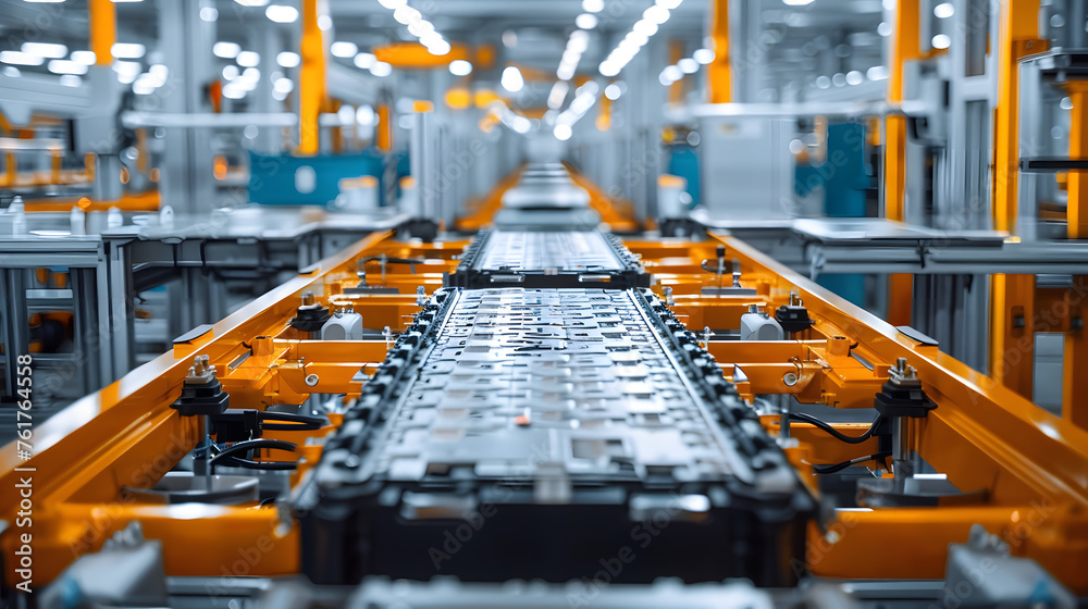 Mass production assembly line of electric vehicle battery cells close-up view Mass production assembly line of electric vehicle battery cells close-up view