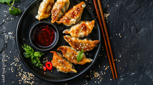 Asian food Gyoza or Jiaozi fried dumplings served with soy sauce, black concrete background, top view © Olivia