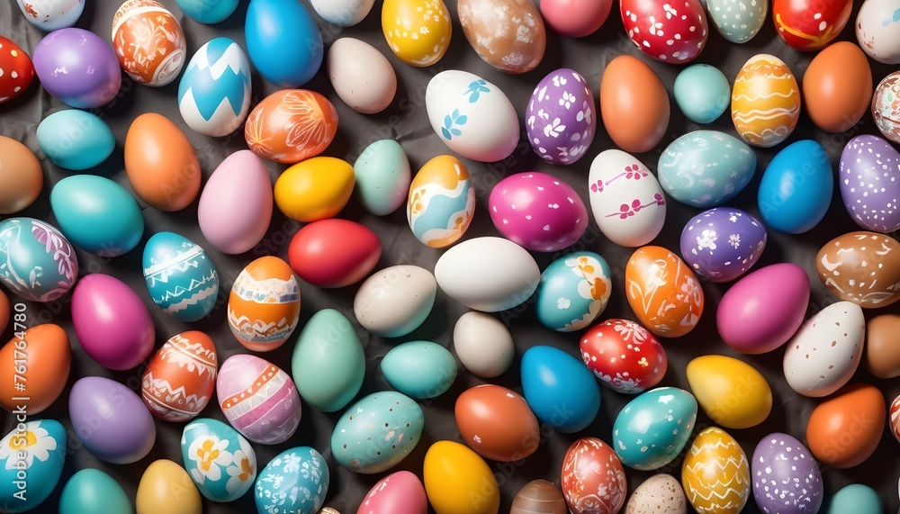 Multitude of colorful painted easter eggs, aerial view from above Multitude of colorful painted easter eggs, aerial view from above