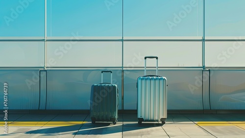 two luggage pieces at an airport, styled with a smooth and shiny finish, set against a landscape-focused backdrop, symbolizing the journey of transfer.