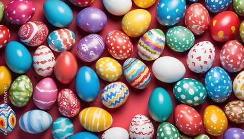 Multitude of colorful painted easter eggs, aerial view from above