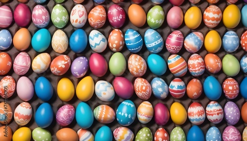 Multitude of colorful painted easter eggs, aerial view from above