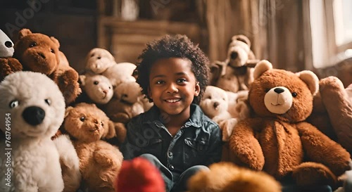Happy child with many stuffed animals. photo