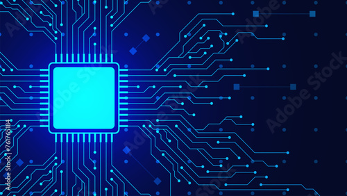 Microchip with circuit board. Central computer processor CPU and motherboard digital chip for modern technology concept background.
