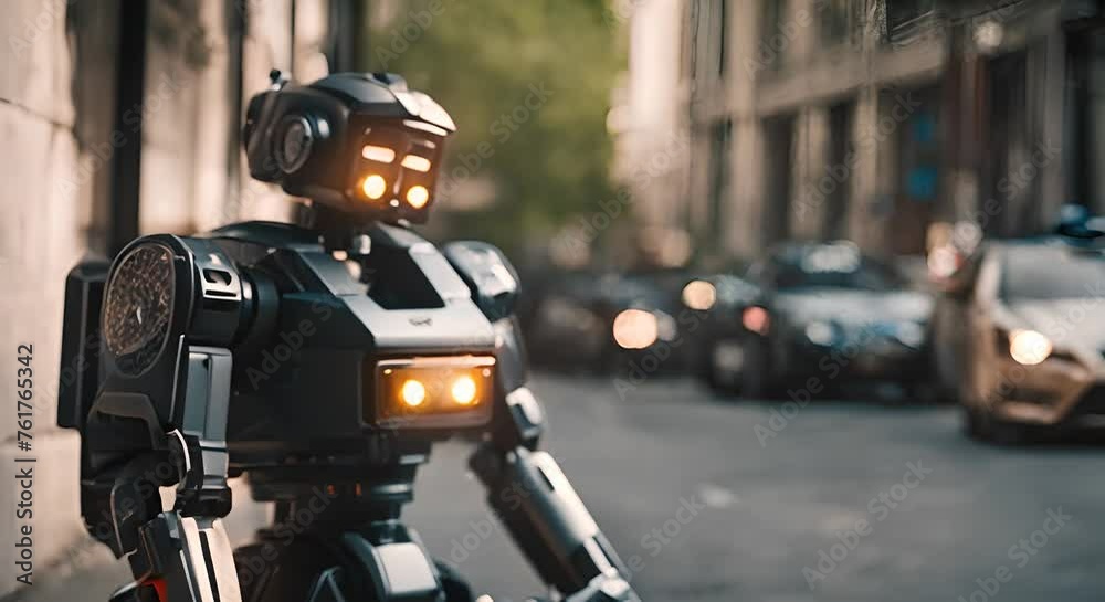 Police robot in the city. Police robot in the city.