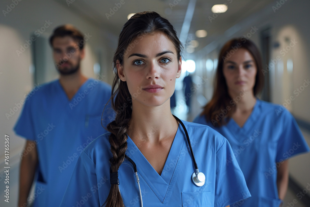 Female nurse in focus with team in hospital corridor Female nurse in focus with team in hospital corridor