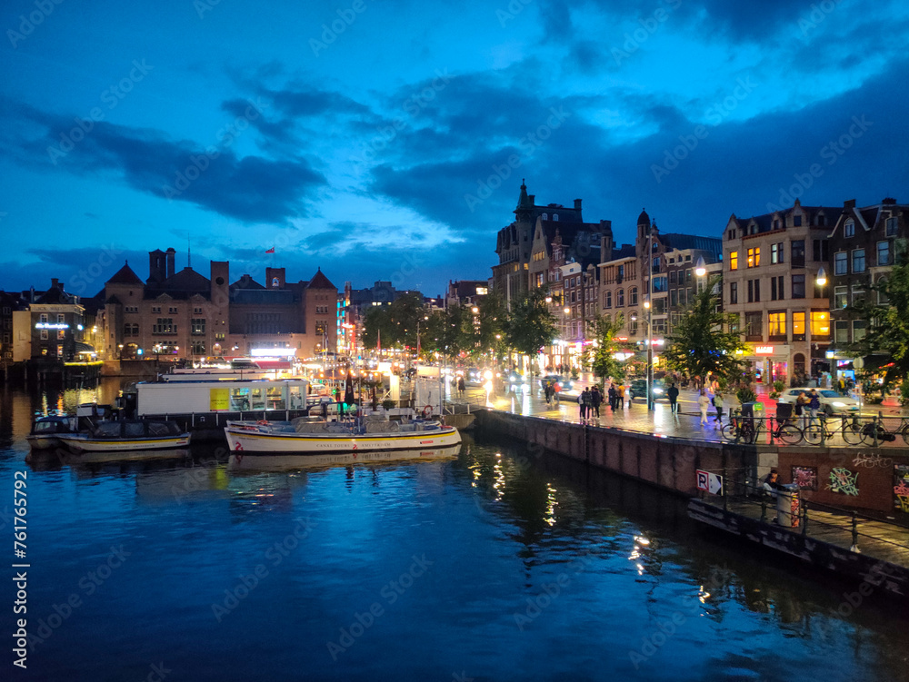 Evening and night life on the streets of Amsterdam, Netherlands.
