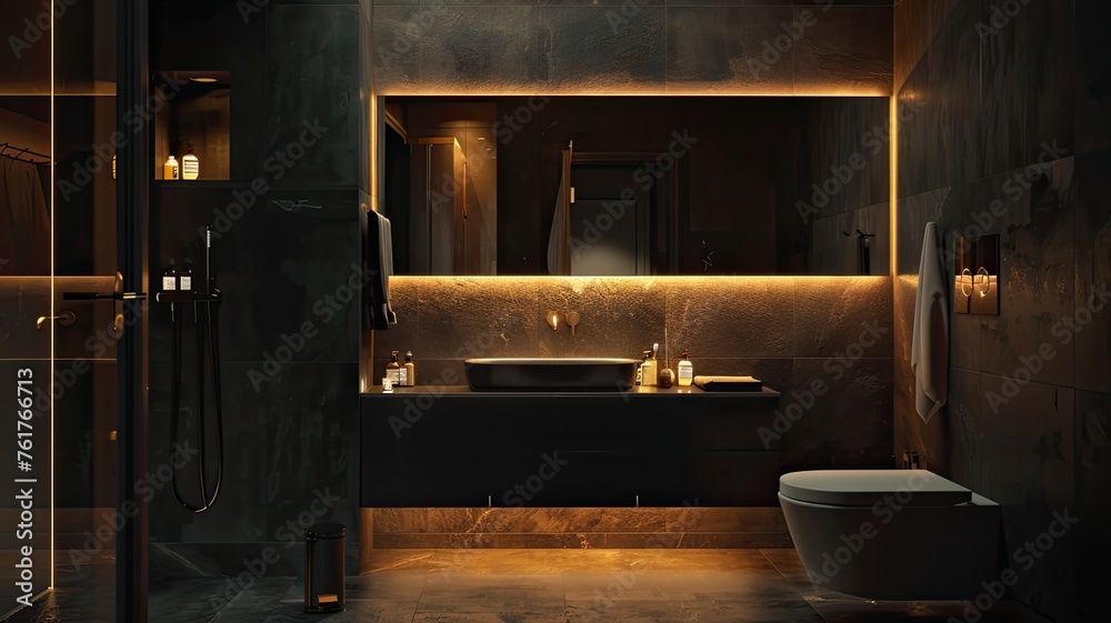 a compact luxury customer bathroom, featuring dark slate tiles, a refined vanity unit, and modern toilet, with an elegantly lit mirror exuding depth and opulence. a compact luxury customer bathroom, featuring dark slate tiles, a refined vanity unit, and modern toilet, with an elegantly lit mirror exuding depth and opulence.