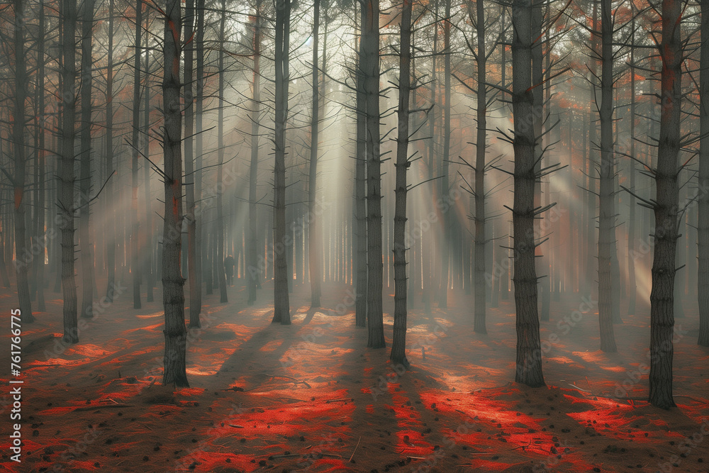 Obraz premium sunrise in the forest and walker..Minimal creative sun rays nature concept.