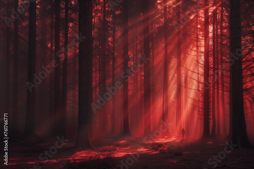 sunset in the forest and walker..Minimal creative sun rays nature concept.