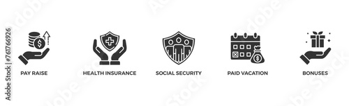 Employee benefits banner web icon vector illustration concept with icon of pay raise, health insurance, social security, paid vacation and bonuses