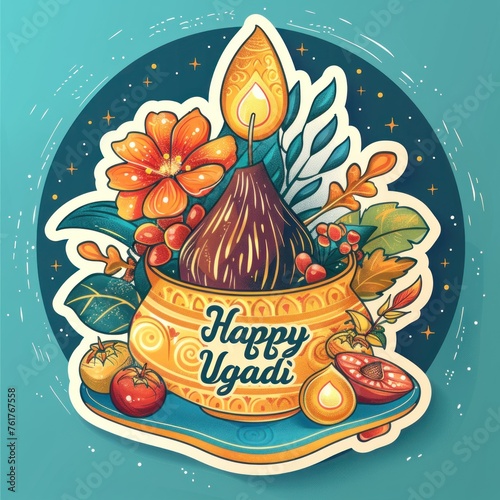 Sticker for Happy Ugadi with traditional for India, New Year Festival Ugadi , blue background