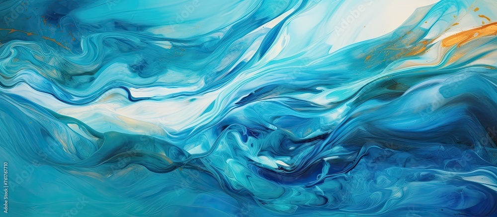 A detailed closeup of a fluid blue and white painting resembling wind waves in azure and electric blue, creating a mesmerizing pattern of liquid art