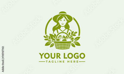 simple Woman Farmer Logo, Nice woman with carrying a basket with fruits and vegetables photo