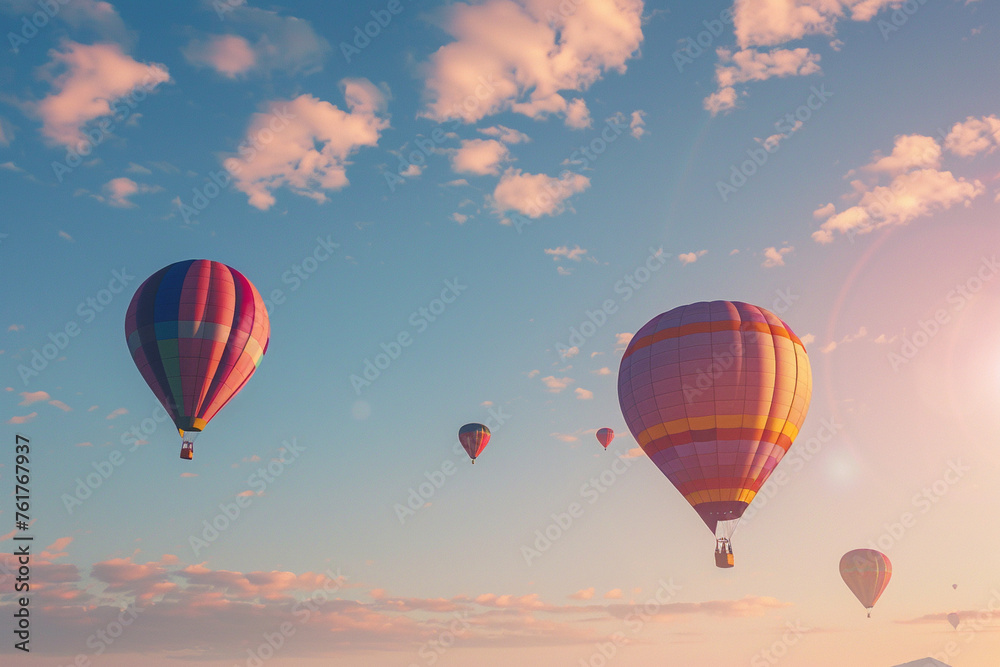 Group of hot air balloons in blue sky