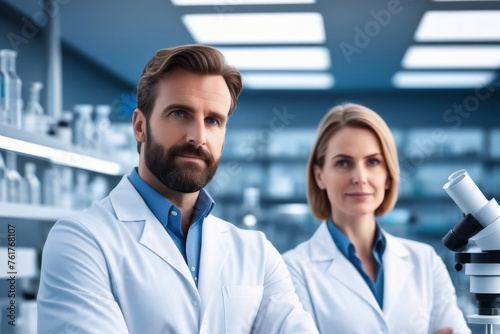 Portrait of scientists male and woman confident standing of scientific laboratory in whitecoat and eyeglasses. chemist or biologist smiling and looking at camera in the clinical lab © Yekatseryna