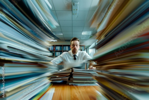 Overwhelmed businessman surrounded by a blur of paperwork in an office setting photo